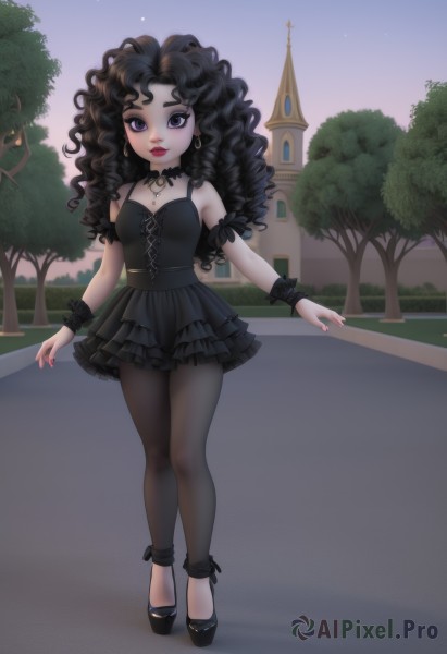 1girl,solo,long hair,breasts,looking at viewer,black hair,dress,bare shoulders,jewelry,standing,purple eyes,full body,pantyhose,earrings,small breasts,outdoors,frills,sky,shoes,sleeveless,choker,artist name,necklace,nail polish,black footwear,black dress,high heels,bracelet,tree,lips,wrist cuffs,grey eyes,black pantyhose,makeup,night,sleeveless dress,wavy hair,frilled dress,lipstick,star (sky),red nails,pendant,curly hair,lolita fashion,gothic lolita,red lips,gothic,cleavage,black eyes,short dress,cross,building