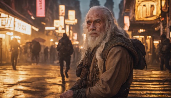 long hair,looking at viewer,long sleeves,1boy,upper body,white hair,male focus,outdoors,multiple boys,solo focus,hood,bag,blurry,depth of field,blurry background,facial hair,backpack,beard,robe,city,realistic,old,old man,crowd,people,closed mouth,standing,yellow eyes,vest,night,scar,building,walking,sign,road,street,neon lights,crosswalk