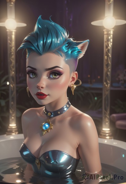 1girl,solo,breasts,looking at viewer,short hair,animal ears,cleavage,bare shoulders,jewelry,medium breasts,green eyes,blue hair,collarbone,upper body,earrings,parted lips,teeth,choker,shiny,artist name,indoors,cat ears,water,blurry,collar,leotard,lips,wet,shiny skin,eyelashes,strapless,makeup,blurry background,black choker,lipstick,gem,black leotard,eyeshadow,partially submerged,strapless leotard,shiny clothes,nose,red lips,eyeliner,bathing,bathtub,hair slicked back,bustier,mascara,yellow eyes,aqua hair,zipper,realistic