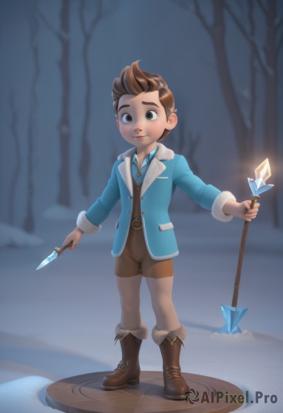 solo,looking at viewer,smile,short hair,brown hair,1boy,holding,brown eyes,closed mouth,standing,jacket,full body,weapon,male focus,boots,outdoors,shorts,belt,blurry,tree,fur trim,night,blurry background,brown footwear,knife,staff,child,snow,male child,brown shorts,bare tree,fur-trimmed boots,artist name,vest,dagger,faux figurine