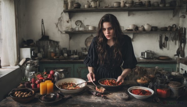 1girl,solo,long hair,looking at viewer,brown hair,black hair,dress,holding,brown eyes,food,striped,indoors,black dress,lips,fruit,wavy hair,bottle,knife,plate,bowl,realistic,spoon,egg,cooking,ladle,kitchen,jar,tomato,vegetable,frying pan,sink,spatula,stove,soup,cutting board,onion,jewelry,necklace,cup,window,table,holding spoon,curry,kitchen knife