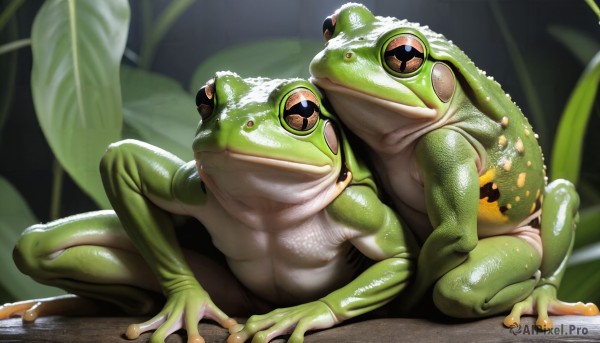 HQ,looking at viewer,sitting,closed mouth,full body,male focus,shiny,blurry,wet,no humans,blurry background,colored skin,animal,leaf,plant,realistic,frog,animal focus,open mouth,yellow eyes,outdoors,shiny skin,green skin,horizontal pupils