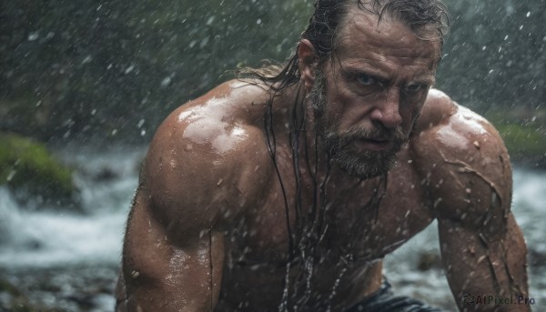 A stunning view of a male in rainy outdoors