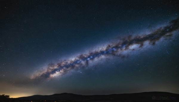 outdoors,sky,cloud,signature,tree,no humans,night,star (sky),nature,night sky,scenery,starry sky,sunset,mountain,landscape,mountainous horizon,gradient sky,sunrise,milky way