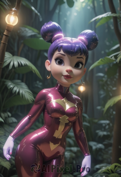 1girl,solo,breasts,looking at viewer,smile,short hair,bangs,gloves,jewelry,medium breasts,closed mouth,standing,purple hair,cowboy shot,earrings,small breasts,outdoors,shiny,white gloves,hair bun,nail polish,blurry,black eyes,tree,lips,double bun,bodysuit,makeup,blurry background,glowing,leaf,plant,lipstick,nature,skin tight,forest,shiny clothes,hoop earrings,red lips,latex,lamppost,latex bodysuit,purple bodysuit,multicolored bodysuit