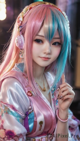 1girl,solo,long hair,breasts,looking at viewer,smile,bangs,blue eyes,hair ornament,hair between eyes,jewelry,medium breasts,closed mouth,blue hair,upper body,pink hair,flower,multicolored hair,hairband,japanese clothes,artist name,hand up,kimono,necklace,nail polish,blurry,black eyes,bracelet,two-tone hair,lips,fingernails,eyelashes,aqua hair,makeup,depth of field,blurry background,headphones,watermark,floral print,lipstick,black nails,pendant,eyeshadow,long fingernails,realistic,nose,mascara,earrings,ring,badge,nail art