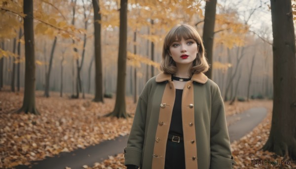 1girl,solo,looking at viewer,short hair,bangs,brown hair,shirt,long sleeves,brown eyes,standing,jacket,upper body,outdoors,parted lips,open clothes,day,belt,medium hair,blurry,tree,lips,coat,black shirt,makeup,buttons,depth of field,blurry background,leaf,looking up,lipstick,nature,buckle,forest,black belt,open coat,belt buckle,realistic,red lips,road,autumn leaves,brown coat,autumn,jewelry,earrings,choker,black choker,falling leaves