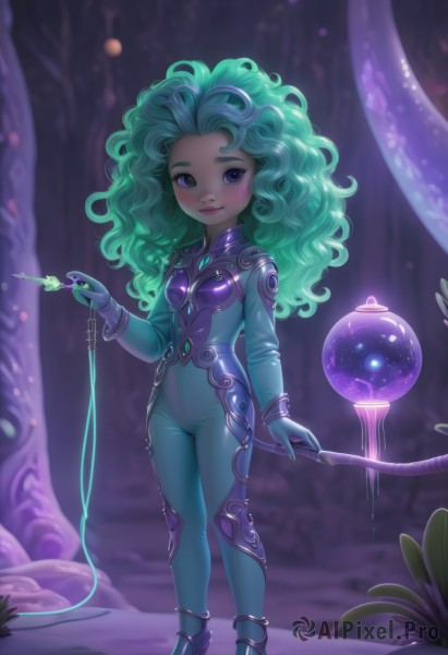 1girl,solo,long hair,breasts,looking at viewer,blush,smile,blue eyes,holding,standing,purple eyes,full body,small breasts,green hair,blurry,bodysuit,blurry background,glowing,tentacles,curly hair,wand,long sleeves,jewelry,closed mouth,shoes,artist name,high heels,bracelet,looking to the side,watermark,plant,staff,skin tight,web address,holding staff,key,blue bodysuit,needle