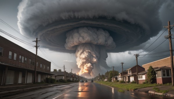 outdoors,sky,day,cloud,water,tree,no humans,window,cloudy sky,grass,fire,ground vehicle,building,scenery,motor vehicle,tentacles,smoke,monster,car,road,house,power lines,lamppost,street,utility pole,military,bush,explosion