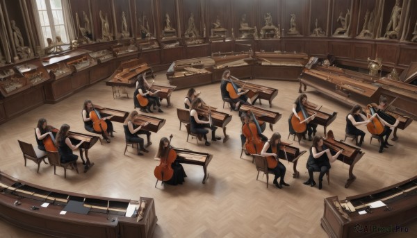 long hair,multiple girls,brown hair,black hair,dress,sitting,school uniform,multiple boys,indoors,window,6+girls,chair,table,sunlight,instrument,scenery,6+boys,music,classroom,playing instrument,violin,drum,piano,trumpet,bow (music),grand piano,hat,sleeveless,black dress,book,formal,guitar