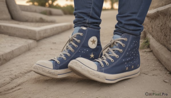 solo,1boy,male focus,outdoors,shoes,pants,artist name,star (symbol),blurry,depth of field,blurry background,shadow,denim,sneakers,close-up,out of frame,blue footwear,jeans,blue pants,road,star print,photo background,nike,cross-laced footwear