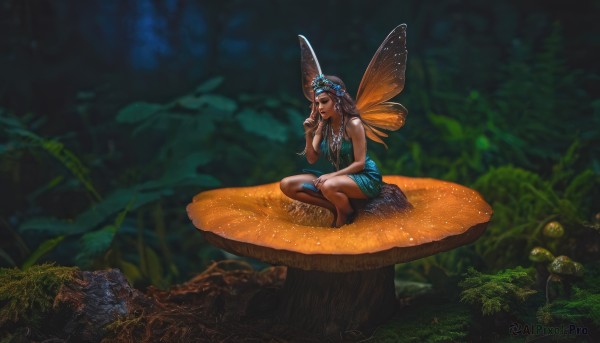 1girl,solo,long hair,blue eyes,brown hair,black hair,hair ornament,dress,bare shoulders,jewelry,sitting,braid,outdoors,wings,barefoot,sleeveless,hand up,dark skin,necklace,blurry,dark-skinned female,tree,bare arms,grass,plant,nature,forest,minigirl,fairy wings,fairy,mushroom,butterfly wings,moss,breasts,flower,hair flower,blue dress,scenery,realistic,tree stump