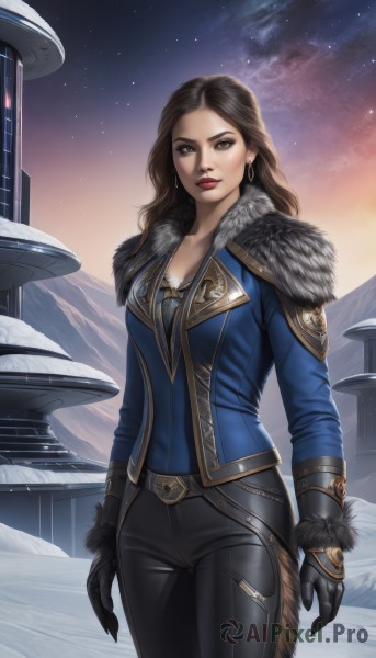 1girl,solo,long hair,breasts,looking at viewer,brown hair,shirt,gloves,long sleeves,cleavage,brown eyes,jewelry,medium breasts,standing,jacket,cowboy shot,earrings,outdoors,sky,black gloves,belt,pants,lips,fur trim,makeup,night,black pants,lipstick,star (sky),night sky,snow,starry sky,hoop earrings,mountain,nose,arms at sides,red lips,leather pants,parted lips,blue shirt,blue jacket,fur collar,realistic