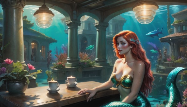 1girl,long hair,breasts,blush,smile,blue eyes,multiple girls,large breasts,hair ornament,navel,cleavage,bare shoulders,jewelry,medium breasts,sitting,collarbone,swimsuit,flower,bikini,red hair,parted lips,solo focus,artist name,indoors,signature,water,orange hair,cup,lips,looking to the side,strapless,watermark,looking away,table,sunlight,plant,monster girl,bikini top only,freckles,fish,bubble,teacup,light rays,underwater,nose,fantasy,silhouette,potted plant,scales,air bubble,teapot,green bikini,mermaid,saucer,shell,pillar,vase,strapless bikini,fins,lily pad,coral,column,shell bikini,aquarium,1boy,2girls,makeup,red lips,sunbeam