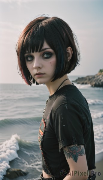 1girl,solo,breasts,looking at viewer,short hair,bangs,blue eyes,shirt,black hair,jewelry,closed mouth,upper body,short sleeves,multicolored hair,earrings,small breasts,outdoors,parted lips,day,belt,artist name,water,necklace,blurry,bracelet,from side,lips,wet,looking to the side,black shirt,tattoo,makeup,depth of field,blurry background,chain,ocean,beach,piercing,bob cut,t-shirt,ear piercing,freckles,realistic,nose,arm tattoo,leather,waves,gothic,neck tattoo,studded bracelet,green eyes,midriff,blunt bangs,eyelashes,expressionless,mascara