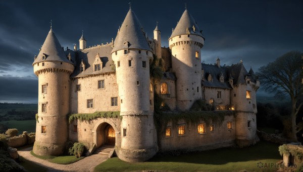 HQ,outdoors,sky,cloud,water,tree,no humans,window,night,cloudy sky,grass,building,nature,night sky,scenery,fantasy,road,house,castle,tower,path,church,stairs,bare tree,landscape,arch,chimney