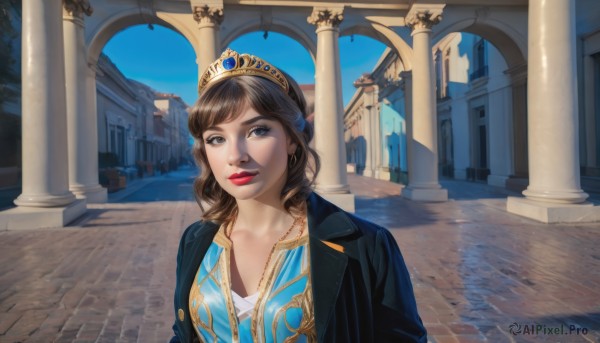 1girl,solo,long hair,breasts,looking at viewer,bangs,brown hair,dress,cleavage,brown eyes,jewelry,medium breasts,closed mouth,jacket,upper body,outdoors,open clothes,sky,day,medium hair,necklace,black eyes,blue sky,lips,black jacket,makeup,blue dress,tiara,crown,lipstick,blue jacket,realistic,red lips,pillar,arch,column,smile,earrings,parted lips,scenery