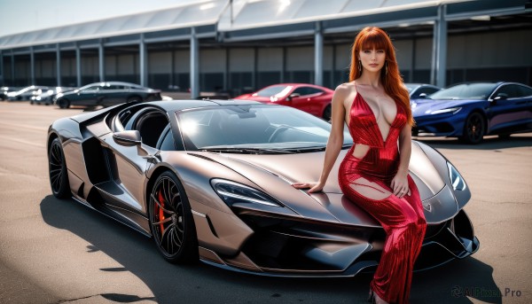 1girl,solo,long hair,breasts,looking at viewer,smile,bangs,blue eyes,large breasts,brown hair,dress,cleavage,bare shoulders,jewelry,sitting,collarbone,earrings,outdoors,one eye closed,sleeveless,orange hair,no bra,sleeveless dress,shadow,red dress,ground vehicle,motor vehicle,car,vehicle focus,plunging neckline,sports car,brown eyes,red hair,lips,realistic