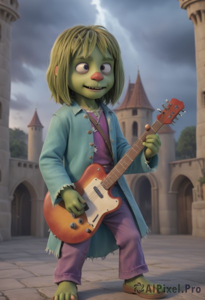 1girl,solo,smile,short hair,blonde hair,hair ornament,holding,jewelry,standing,full body,outdoors,open clothes,sky,teeth,pants,cloud,necklace,coat,colored skin,sandals,cloudy sky,building,instrument,child,music,guitar,female child,green skin,playing instrument,holding instrument,castle,plectrum,buck teeth,goblin,lute (instrument),open mouth,blue eyes,shirt,long sleeves,1boy,jacket,male focus,barefoot,buttons,parody,denim,jeans,purple shirt,slippers,denim jacket