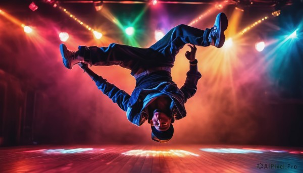 solo,smile,short hair,open mouth,brown hair,shirt,black hair,long sleeves,1boy,hat,jewelry,jacket,full body,male focus,boots,shoes,belt,pants,hood,hoodie,black pants,sneakers,baseball cap,upside-down,jumping,falling,stage,midair,stage lights,gloves,teeth,fingerless gloves,black jacket,black shirt,hood down,denim,jeans,blue pants,light,backwards hat,lights