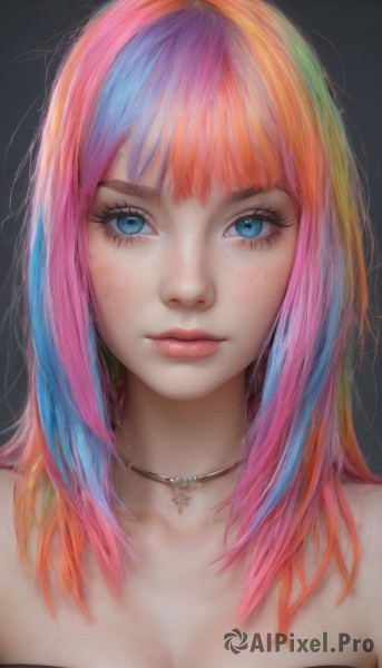 1girl,solo,long hair,breasts,looking at viewer,bangs,blue eyes,simple background,cleavage,bare shoulders,jewelry,medium breasts,closed mouth,blue hair,collarbone,upper body,pink hair,multicolored hair,blunt bangs,grey background,necklace,star (symbol),orange hair,two-tone hair,lips,streaked hair,gradient,eyelashes,strapless,gradient hair,makeup,portrait,eyeshadow,freckles,pink lips,realistic,nose,mascara,artist name,cross,black background,cross necklace