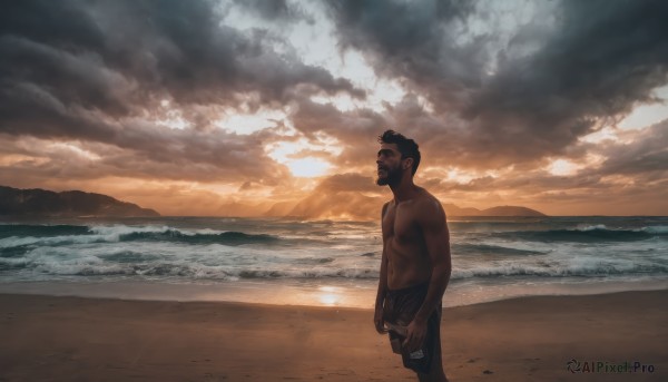 solo,black hair,1boy,male focus,outdoors,sky,cloud,dark skin,water,facial hair,ocean,beach,dark-skinned male,cloudy sky,scenery,beard,topless male,sunset,sand,sun,male swimwear,waves,swim trunks,short hair,standing,pants,horizon