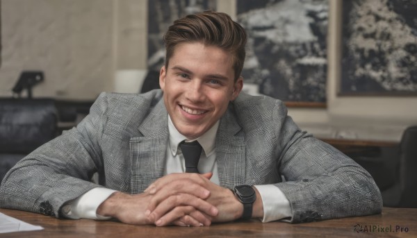 solo,looking at viewer,smile,short hair,brown hair,shirt,long sleeves,1boy,sitting,jacket,white shirt,upper body,male focus,necktie,teeth,collared shirt,indoors,grin,blurry,black eyes,blurry background,chair,formal,table,own hands together,suit,wing collar,black necktie,watch,paper,realistic,grey jacket,wristwatch,lamp,own hands clasped,photo background,real life insert,wrinkled skin,blue eyes,striped,depth of field,interlocked fingers