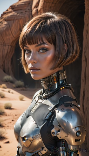 1girl,solo,looking at viewer,short hair,bangs,brown hair,brown eyes,upper body,outdoors,parted lips,day,blunt bangs,armor,blurry,from side,lips,blurry background,bob cut,science fiction,realistic,nose,cyborg,power armor,black hair,eyelashes,expressionless,portrait,rock,android,damaged,cyberpunk,desert