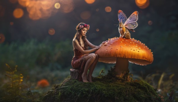 1girl,solo,long hair,breasts,brown hair,hair ornament,dress,cleavage,bare shoulders,medium breasts,sitting,braid,flower,outdoors,wings,barefoot,hair flower,blurry,depth of field,animal,squatting,grass,bug,butterfly,nature,forest,realistic,fantasy,fairy,head wreath,mushroom,tree stump,black hair,jewelry,closed eyes,lips,strapless,blurry background,watermark,plant,strapless dress,fairy wings,bokeh,moss,ladybug