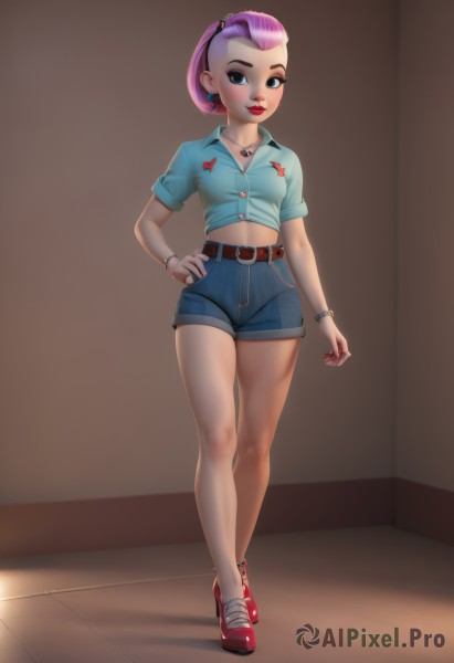 1girl,solo,breasts,looking at viewer,short hair,blue eyes,shirt,hair ornament,navel,jewelry,standing,full body,pink hair,short sleeves,heart,thighs,multicolored hair,hairband,earrings,small breasts,parted lips,shoes,shorts,midriff,belt,artist name,necklace,star (symbol),nail polish,bracelet,two-tone hair,lips,crop top,fingernails,hand on hip,legs,short shorts,bare legs,makeup,crossed legs,blue shirt,denim,lipstick,wristband,red footwear,sneakers,red nails,web address,buckle,pendant,eyeshadow,blue shorts,denim shorts,belt buckle,tiles,red lips,bangle,wristwatch,brown belt,tied shirt,very short hair,tile floor,hair slicked back,heart print,mascara,blush,smile,closed mouth,collarbone,ponytail,purple hair,collared shirt,indoors,mole,buttons,watermark,light smile,pink lips,nose,eyeliner,hair pulled back