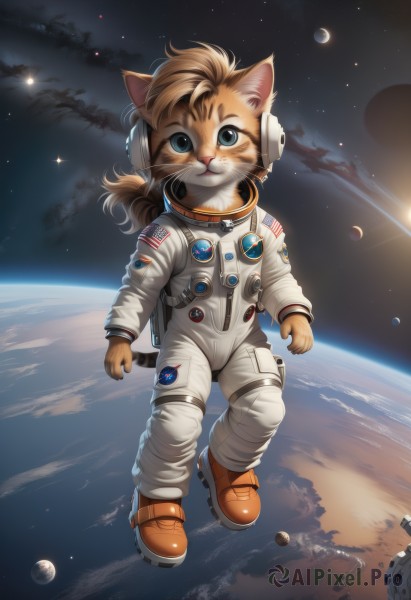 solo,long hair,looking at viewer,blue eyes,brown hair,1boy,animal ears,full body,ponytail,male focus,star (symbol),moon,cat,star (sky),furry,space,furry male,planet,whiskers,earth (planet),american flag,spacesuit,astronaut,smile,gloves,closed mouth,shoes,artist name,cat ears,watermark,microphone,web address,low ponytail,floating,headset,starry sky,animal nose,cat boy,space helmet