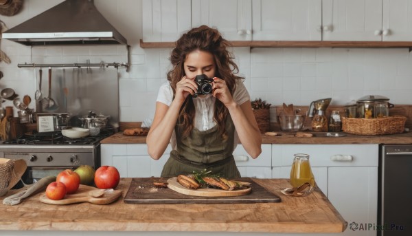 1girl,solo,long hair,brown hair,shirt,holding,closed eyes,white shirt,short sleeves,food,indoors,apron,cup,fruit,bottle,knife,holding cup,plate,mug,realistic,camera,apple,basket,drinking,bread,egg,cooking,ladle,kitchen,jar,tomato,frying pan,sink,counter,kettle,stove,cutting board,onion,dress,table,bowl,coffee,coffee mug,pouring,spatula,faucet