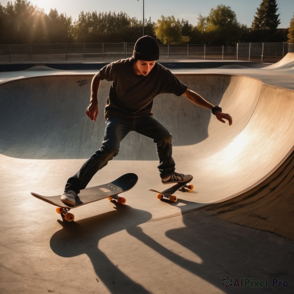 solo,shirt,black hair,1boy,hat,standing,short sleeves,male focus,outdoors,shoes,day,pants,signature,tree,black shirt,black headwear,shadow,black pants,sunlight,t-shirt,sneakers,watch,fence,beanie,wristwatch,bridge,skateboard,full body,sky,looking down,denim,jeans,road,park