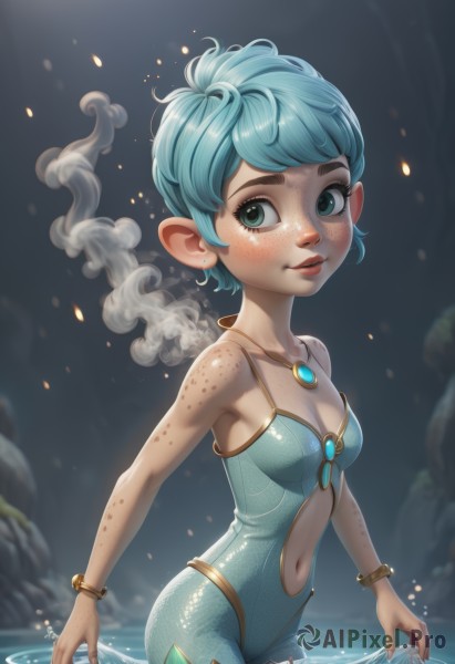 1girl,solo,breasts,looking at viewer,blush,smile,short hair,bangs,blue eyes,navel,cleavage,bare shoulders,jewelry,green eyes,blue hair,standing,collarbone,swimsuit,cowboy shot,earrings,small breasts,parted lips,shiny,artist name,water,necklace,blurry,bracelet,aqua eyes,lips,one-piece swimsuit,clothing cutout,eyelashes,aqua hair,watermark,monster girl,gem,wading,pendant,smoke,freckles,center opening,navel cutout,pointy ears