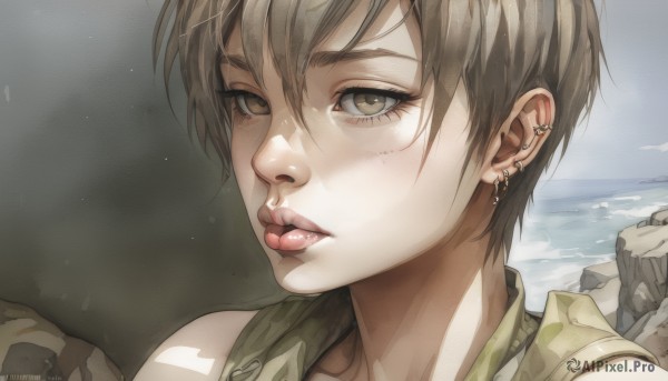 1girl,solo,looking at viewer,short hair,bangs,brown hair,hair between eyes,brown eyes,jewelry,earrings,outdoors,parted lips,sleeveless,tongue,artist name,tongue out,water,lips,eyelashes,ocean,beach,piercing,ear piercing,portrait,close-up,freckles,rock,nose,bare shoulders,sky,day,cloud,watermark,realistic