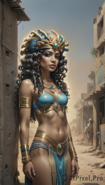 1girl,long hair,breasts,looking at viewer,smile,blue eyes,black hair,1boy,navel,cleavage,bare shoulders,jewelry,medium breasts,standing,thighs,cowboy shot,earrings,small breasts,outdoors,parted lips,sky,teeth,solo focus,day,midriff,artist name,signature,dark skin,necklace,stomach,nail polish,black eyes,bracelet,covered nipples,dark-skinned female,tree,lips,fingernails,strapless,makeup,watermark,wavy hair,piercing,crown,lipstick,building,gem,web address,pelvic curtain,armlet,walking,curly hair,toned,realistic,nose,arms at sides,bandeau,headdress,red lips,navel piercing,loincloth,very dark skin,egyptian,brown eyes,shiny,shiny skin,facial mark,ear piercing,nose piercing