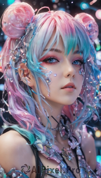 1girl,solo,long hair,looking at viewer,bangs,blue eyes,hair ornament,bare shoulders,jewelry,blue hair,upper body,pink hair,multicolored hair,parted lips,artist name,necklace,hair bun,blurry,two-tone hair,lips,eyelashes,double bun,aqua hair,gradient hair,makeup,depth of field,blurry background,piercing,lipstick,portrait,eyeshadow,realistic,nose,eyeliner,mascara,blue eyeshadow,earrings,teeth,medium hair,gem,ear piercing,close-up,beads,pearl (gemstone),thick lips