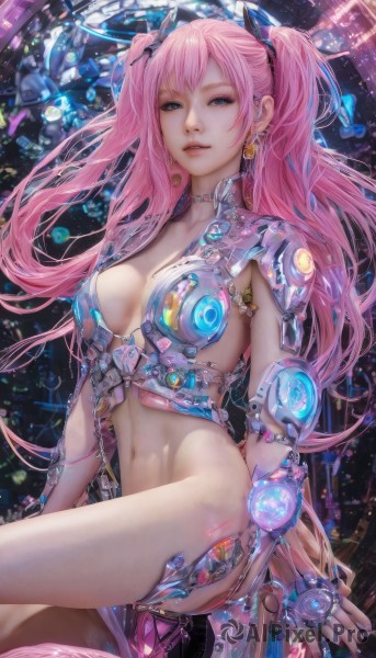 1girl,solo,long hair,breasts,looking at viewer,bangs,blue eyes,navel,cleavage,twintails,jewelry,medium breasts,pink hair,earrings,parted lips,choker,lips,revealing clothes,science fiction,realistic,gloves,nail polish,squatting