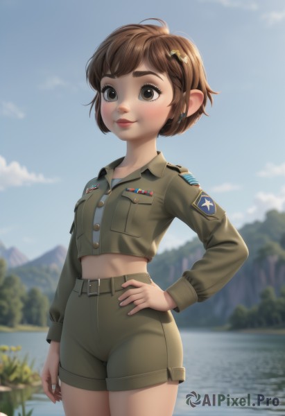 1girl,solo,smile,short hair,bangs,brown hair,shirt,hair ornament,long sleeves,brown eyes,jewelry,closed mouth,standing,jacket,cowboy shot,earrings,outdoors,sky,shorts,day,pointy ears,hairclip,midriff,belt,water,star (symbol),blurry,uniform,tree,blue sky,lips,crop top,hand on hip,military,short shorts,military uniform,depth of field,blurry background,thick eyebrows,freckles,pocket,star hair ornament,breast pocket,brown shorts,green shorts,river,lake,breasts,looking at viewer,blush,bow,hair bow,small breasts,artist name,cloud,mountain,nose,green shirt,brown shirt,cropped shirt,patch