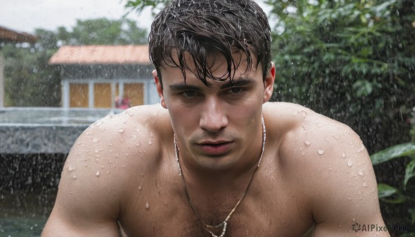 solo,looking at viewer,short hair,black hair,1boy,jewelry,upper body,male focus,nude,outdoors,day,water,necklace,blurry,black eyes,tree,lips,wet,blurry background,facial hair,building,freckles,rain,realistic,nose,stubble,wet hair,chest hair,closed mouth,parted lips,muscular,leaf,pectorals,muscular male,portrait,bara,large pectorals,water drop,arm hair