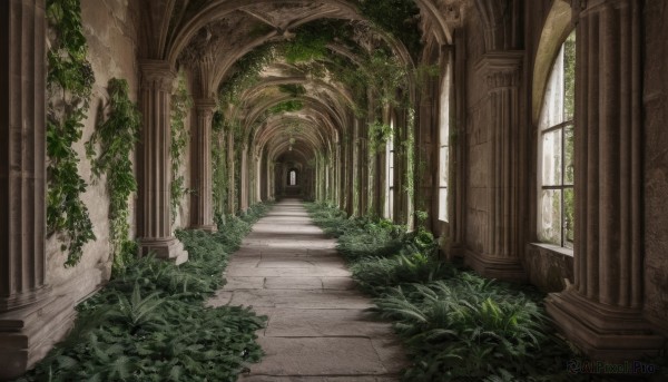 outdoors,day,indoors,no humans,window,sunlight,grass,plant,scenery,stairs,door,ruins,vines,pillar,arch,moss,overgrown,column,architecture