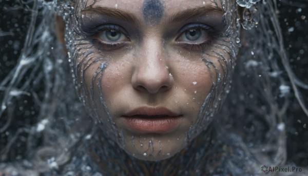 1girl,solo,long hair,looking at viewer,blue eyes,closed mouth,grey hair,parted lips,water,lips,grey eyes,eyelashes,portrait,close-up,realistic,nose,eye focus,blurry,depth of field,facial mark,freckles