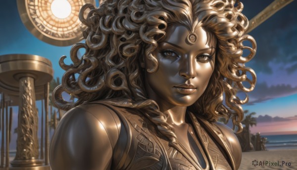 1girl,solo,long hair,looking at viewer,brown hair,brown eyes,upper body,outdoors,sky,cloud,dark skin,armor,dark-skinned female,tree,lips,ocean,facial mark,beach,portrait,curly hair,sunset,realistic,nose,palm tree,very dark skin,eyelashes,forehead mark,statue