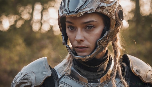 1girl,solo,long hair,looking at viewer,brown hair,brown eyes,closed mouth,upper body,braid,dark skin,armor,blurry,dark-skinned female,lips,depth of field,blurry background,helmet,shoulder armor,portrait,freckles,pauldrons,breastplate,realistic,nose,chainmail,plate armor,blonde hair,black hair,parted lips,mole,backlighting,bokeh