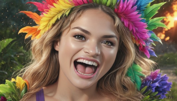 1girl,solo,long hair,looking at viewer,smile,open mouth,brown hair,hair ornament,brown eyes,flower,:d,outdoors,teeth,tongue,hair flower,blurry,lips,eyelashes,blurry background,leaf,portrait,realistic,nose,artist name,depth of field,feathers