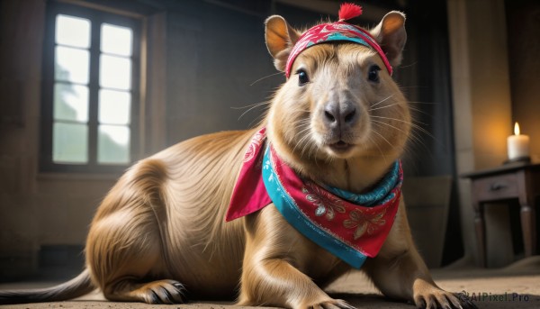 HQ,solo,indoors,blurry,black eyes,no humans,window,depth of field,blurry background,animal,claws,realistic,bandana,candle,animal focus,mouse,whiskers,hamster,looking at viewer,day,neckerchief,watermark,fire,web address,deviantart username,red bandana