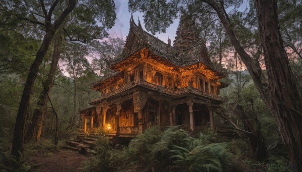 outdoors,sky,day,cloud,tree,no humans,grass,plant,building,nature,scenery,forest,lantern,stairs,bush,architecture,house,east asian architecture,path,fire,shrine