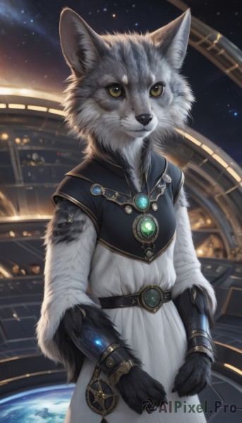 solo,looking at viewer,1boy,dress,animal ears,jewelry,closed mouth,standing,yellow eyes,short sleeves,male focus,cowboy shot,outdoors,sky,belt,artist name,signature,white dress,night,brooch,gem,star (sky),furry,starry sky,space,furry male,body fur,white fur,planet,whiskers,earth (planet),black fur,fluffy,grey fur,1girl,cat ears,necklace,bracelet,no humans,animal,cat,pendant,animal focus