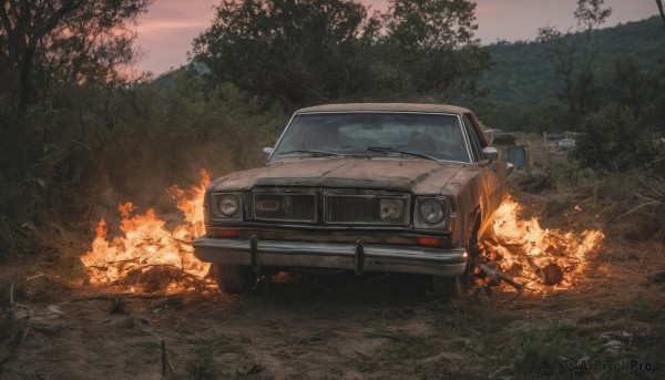 outdoors,sky,tree,no humans,grass,fire,ground vehicle,nature,scenery,motor vehicle,forest,smoke,car,explosion,vehicle focus,burning,truck,cloud,sunset,evening,sports car