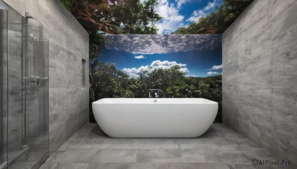 outdoors,sky,day,cloud,tree,blue sky,no humans,sunlight,cloudy sky,nature,scenery,door,tiles,road,wall,tile floor,bathroom,bathtub,tile wall,toilet,sink,signature,water,building,forest